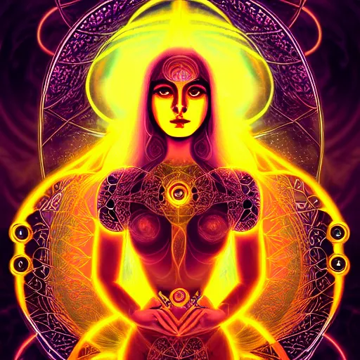 Prompt: a symmetrical portrait of a mystical feminine creature with glowing energies and particals, metal scales, surrounded by spirits, gloomy cinematic lighting, highly detailed, illustrated novel style, comic