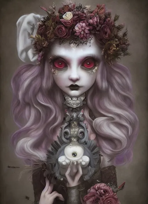 Image similar to pop surrealism, lowbrow art, realistic cute bride ghost girl painting, japanese street fashion, hyper realism, muted colours, rococo, natalie shau, loreta lux, tom bagshaw, mark ryden, trevor brown style,