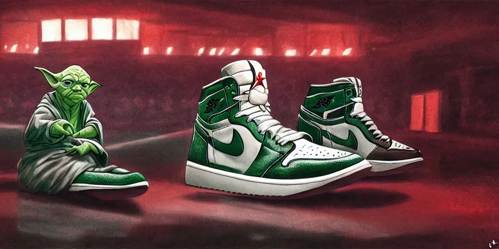 Prompt: Master Yoda gazing his air jordan 1 sneakers in awe in an empty basketball court in New York in the middle of the christmas night, highly detailed, digital painting, artstation, concept art, smooth, sharp focus, illustration
