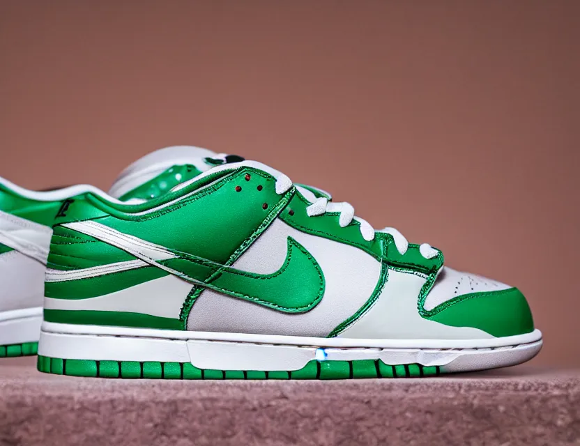 Image similar to a press photograph of nike dunk low pine green and white, size 1 0, white background