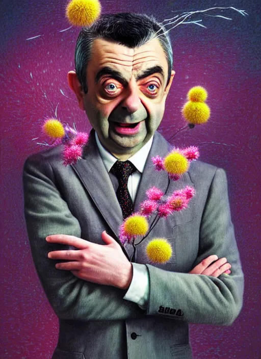 Image similar to hyper detailed 3d render like a Oil painting muted colors - slightly silly portrait of Rowan Atkinson crosseyed as Mr. Bean in Aurora seen tickling of the Strangling network of yellowcake aerochrome and milky Fruit and Her delicate Hands hold of gossamer polyp blossoms bring iridescent fungal flowers whose spores black the foolish stars by Jacek Yerka, Mariusz Lewandowski, Houdini algorithmic generative render, Abstract brush strokes, Masterpiece, Edward Hopper and James Gilleard, Zdzislaw Beksinski, Nicoletta Ceccoli, Wolfgang Lettl, hints of Yayoi Kasuma, octane render, 8k