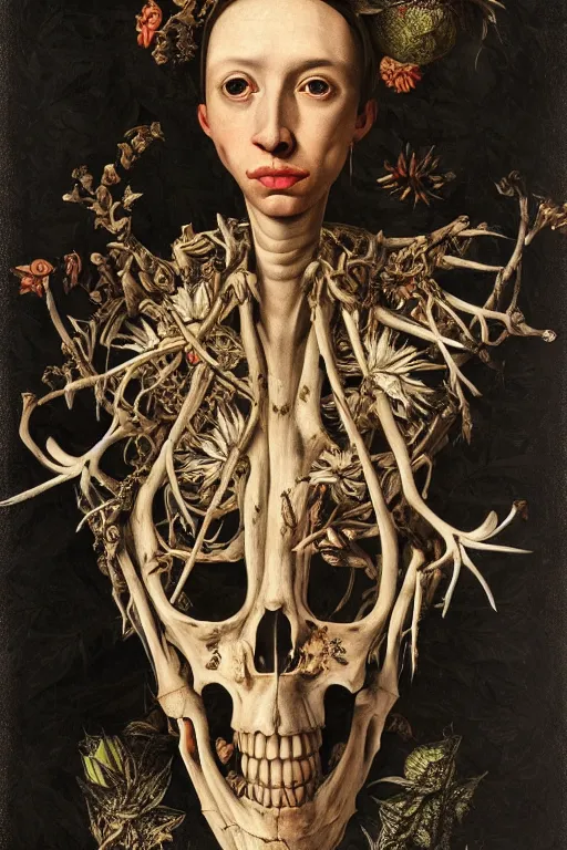 Prompt: Detailed maximalist portrait with large lips and with large eyes, sad exasperated expression, HD mixed media, 3D collage, highly detailed and intricate illustration, botany and bones, in the style of Caravaggio, dark art, baroque