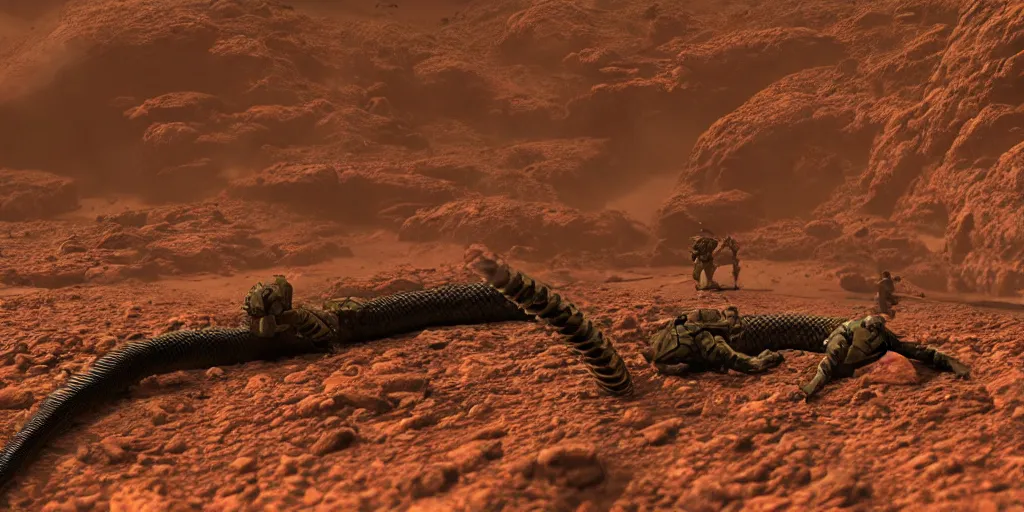 Image similar to future soldiers climbing on giant centipede on Mars, cinematic, volumetric lighting