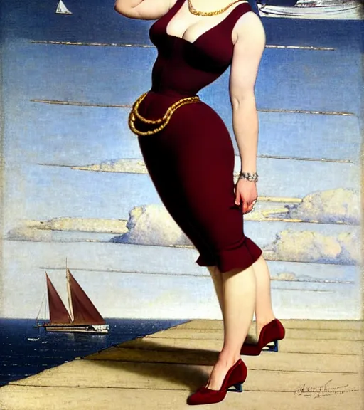 Prompt: a beautiful plump young lady holding a purse standing on a wharf at the edge of the sea by gil elvgren and william blake and norman rockwell, crisp details, hyperrealism, smiling, happy, feminine facial features, stylish navy blue heels, gold chain belt, cream colored blouse, maroon hat, windblown