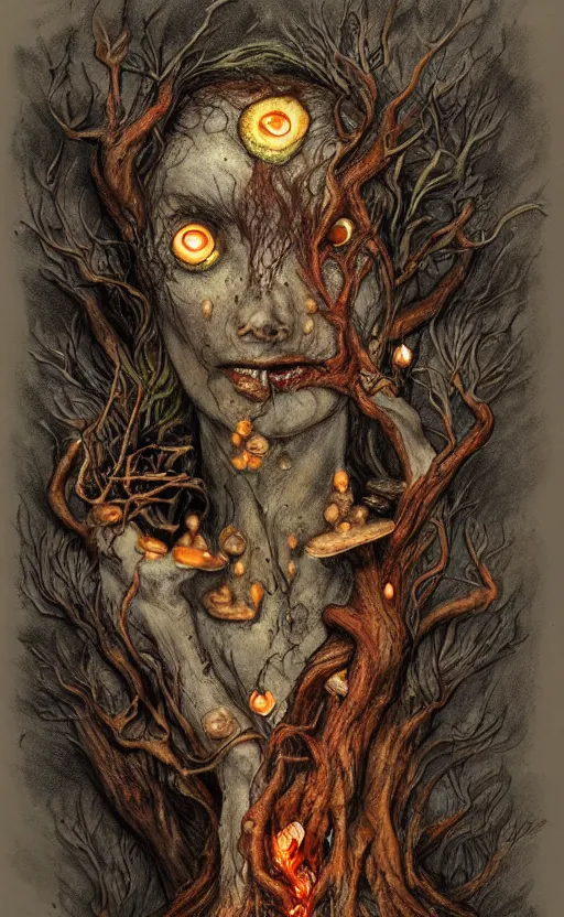Image similar to rotten tree spirit dryad with a beautiful face and flaming mouth and eyes, mushrooms, fungi, lichen, sketch lines, graphite texture, old parchment, guillermo del toro concept art, justin gerard monsters, intricate ink illustration