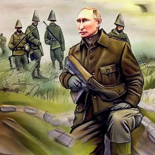 Image similar to Putin is sitting in the trenches and defending himself from Ukrainian troops, Retro futuristic painting style