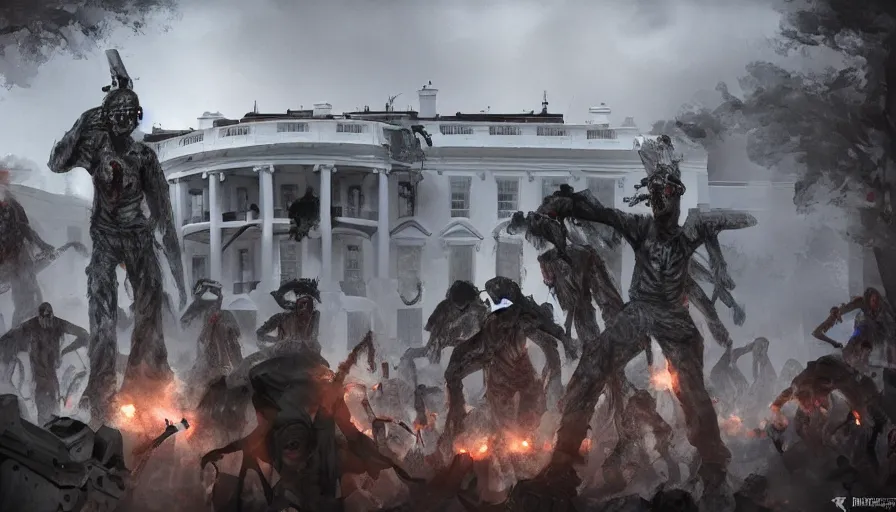 Image similar to white house invaded by zombies with soldiers on the roof firing at them, fire, hyperdetailed, artstation, cgsociety, 8 k