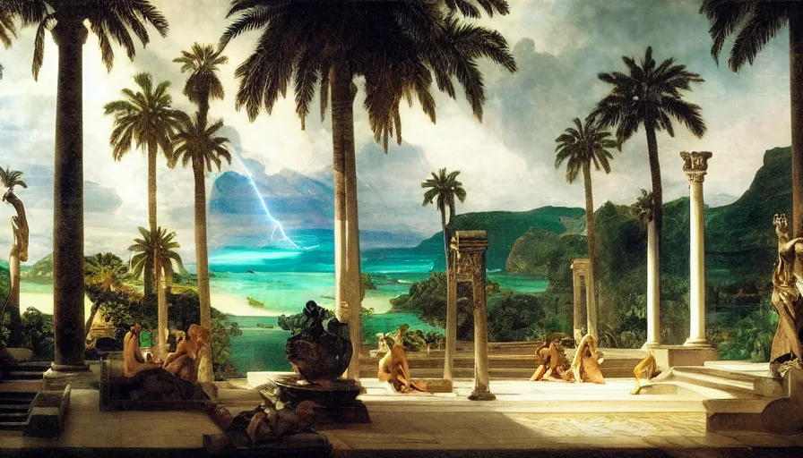 Image similar to Inside the Palace of the occult, mediterranean balustrade and columns, refracted sparkles, thunderstorm, greek pool, beach and Tropical vegetation on the background major arcana sky and occult symbols, by paul delaroche, hyperrealistic 4k uhd, award-winning, very detailed paradise