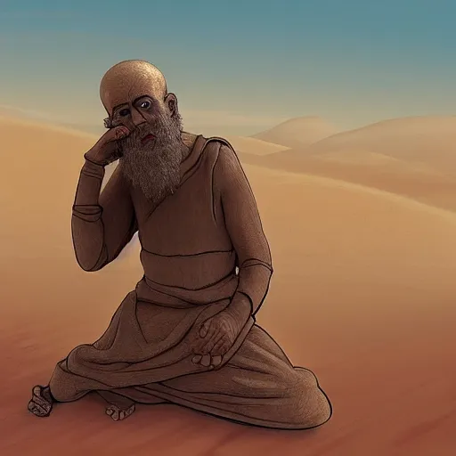 Image similar to monk lost in the desert, searching for answers, concept art, finely detailed, elegant