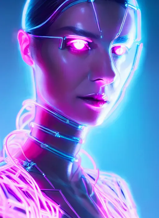 Prompt: portrait of female cyberpunk humanoid, transparent acrylic fashion wear, intricate, elegant, cyber neon lights, highly detailed, digital photography, artstation, glamor pose, concept art, smooth, sharp focus, art by artgerm and greg rutkowski