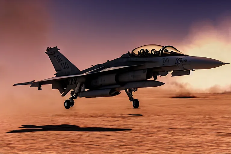 Prompt: a gritty hyperdetailed photorealistic f - 1 8 hornet ground attack aircraft shooting a missile at a small group of vehicles in the desert, volumemetric lighting, cinematic framing, cinematatic lighting, cinematic shadows, in the style of top gun maverick