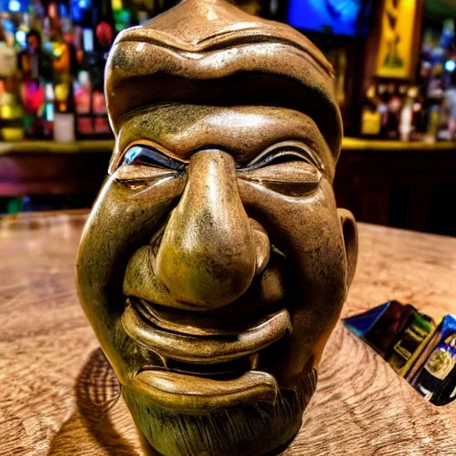 Image similar to a closeup photorealistic photograph of smiling salvador dali at trader vic's bar sitting next to a trader vic's style tiki mug featuring the face of salvador dali. tiki culture. bright scene. 4 k hd image that's trending on artstation, featured on behance, well rendered, extra crisp, features epic composition and the style of unreal engine.