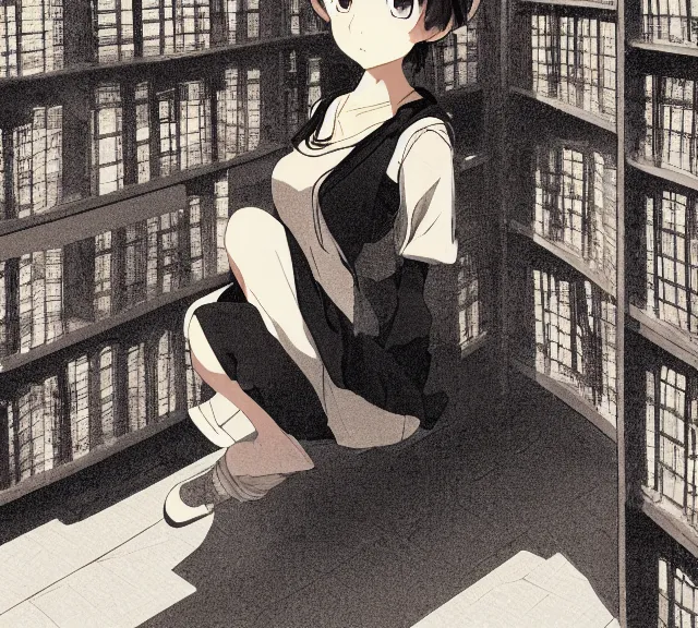 Image similar to anime visual, full body portrait of a young female traveler in a book shop interior, beautiful face by yoh yoshinari, katsura masakazu, dramatic lighting, dynamic pose, dynamic perspective, strong silhouette, anime cels, ilya kuvshinov, cel shaded, outlined edges, rounded eyes, moody, detailed character