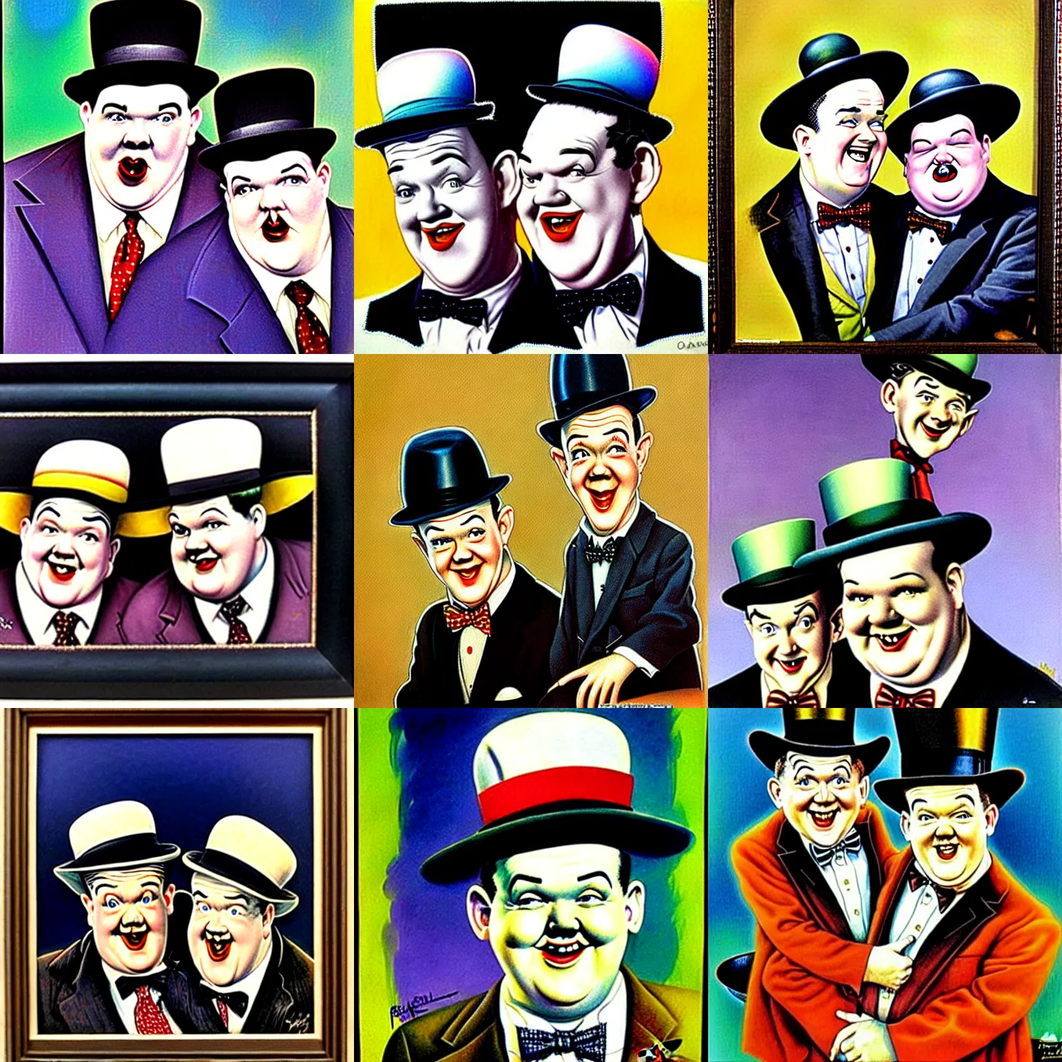 Image similar to A portrait of Stan Laurel and Oliver Hardy in hats by Frank Kelly Freas