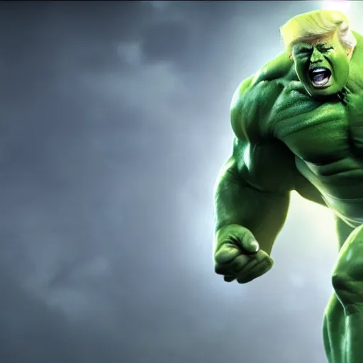 Image similar to Donald Trump cast as the Hulk, still from marvel movie, hyperrealistic, 8k, Octane Render,