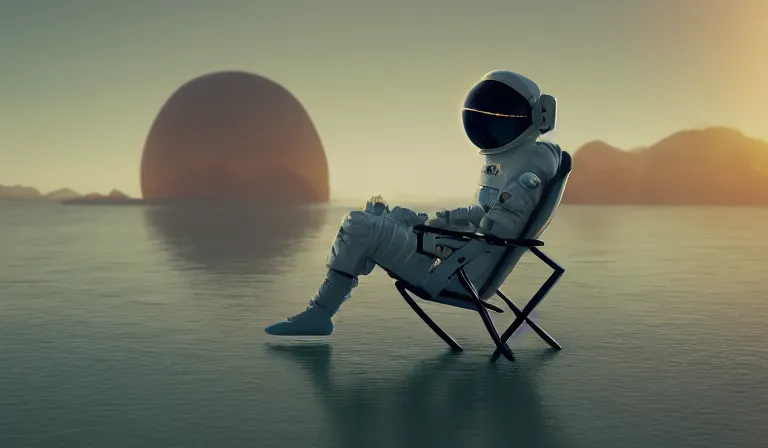 Prompt: astronaut floating in space sitting in a beach chair hopelessly, close shot, 8k, cinematic, epic, ultra detailed, award winning, trending on artstationHD, dramatic