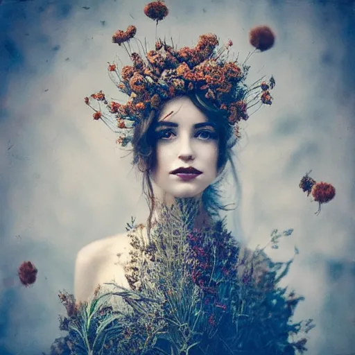 Image similar to fine art photo of the most beautiful woman, she has a crown of dried flowers, by oleg oprisco