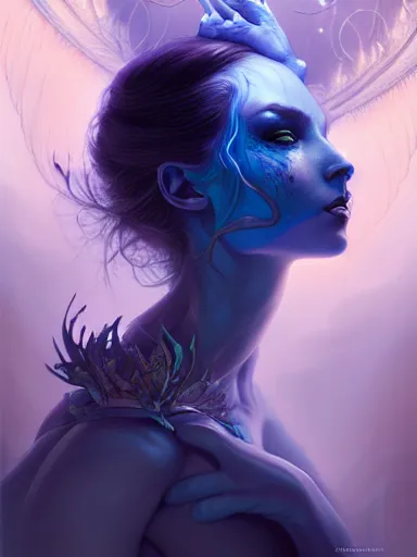 Prompt: dark sorceress with blue skin by james jean, charlie bowater, tom bagshaw, nikolay makovsky, melanie delon : : enchanting, ethereal, magical, glowing, sparkle, prismatic, portrait, character design, illustration, hyperrealism, photorealism, digital art, concept art, dark fantasy, whimsy, weta, wlop, artstation