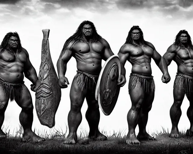 Image similar to hyper realistic group vintage photograph of a live action warcraft orc warrior tribe in the jungle, tall, hulk like physique, detailed faces, tribal paint, tribal armor, grain, old, monochrome, sepia toned, realistic lighting, wide angle