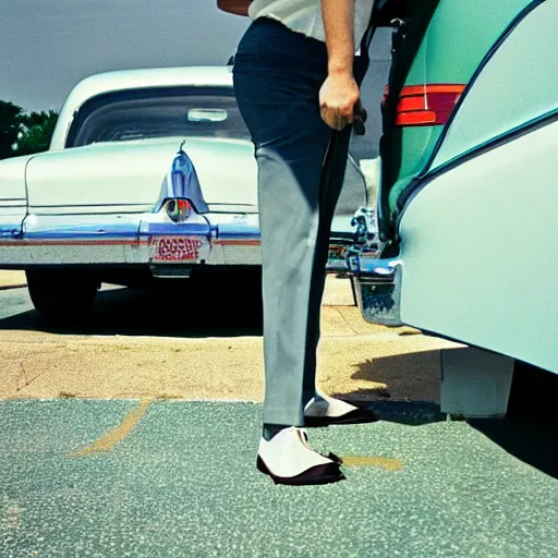 Prompt: a close-up high quality photo of a man about to pump gas into an old Buick, mid day, William Eggleston style