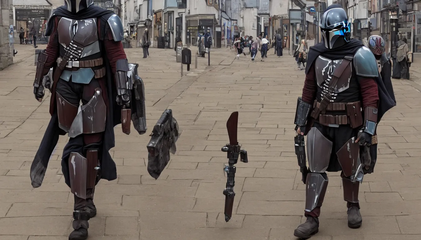 Prompt: single mandalorian walking through the empty streets of england, in style of jim lee