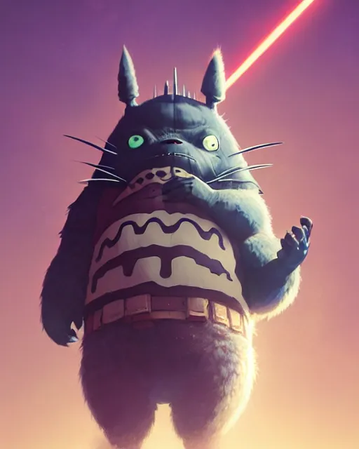 Image similar to highly detailed vfx portrait of totoro as terminator, stephen bliss, unreal engine, greg rutkowski, loish, rhads, beeple, makoto shinkai and lois van baarle, ilya kuvshinov, rossdraws, tom bagshaw, alphonse mucha, global illumination, detailed and intricate environment