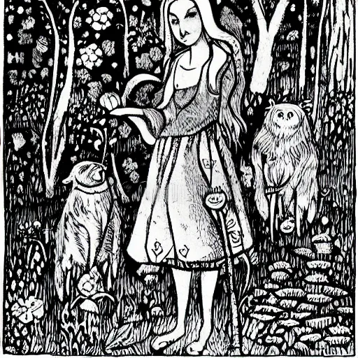 Prompt: In the illustration Vasilisa can be seen standing in the forest, surrounded by animals. She is holding a basket of flowers in one hand and a spindle in the other. Her face is turned towards the viewer, with a gentle expression. In the background, the forest is depicted as a dark and mysterious place. de stijl, black velvet by Erich Heckel, by Helene Schjerfbeck dynamic, soothing