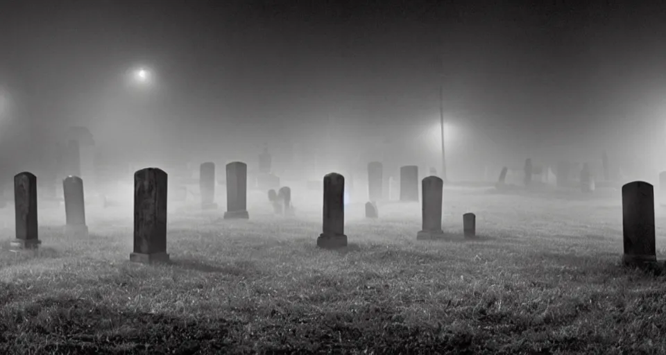 Prompt: Cinematic still of creepy cemetery by the river thames at night, thick mist fills the ground, directed by Wes Craven