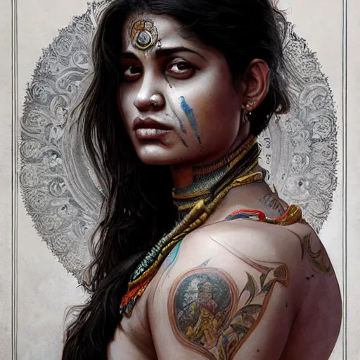 Prompt: portrait painting of a muscular bloodied indian girl butcher, tattooed, symmetric, fat, ultra realistic, concept art, intricate details, eerie, highly detailed, photorealistic, octane render, 8 k, unreal engine. art by artgerm and greg rutkowski and alphonse mucha