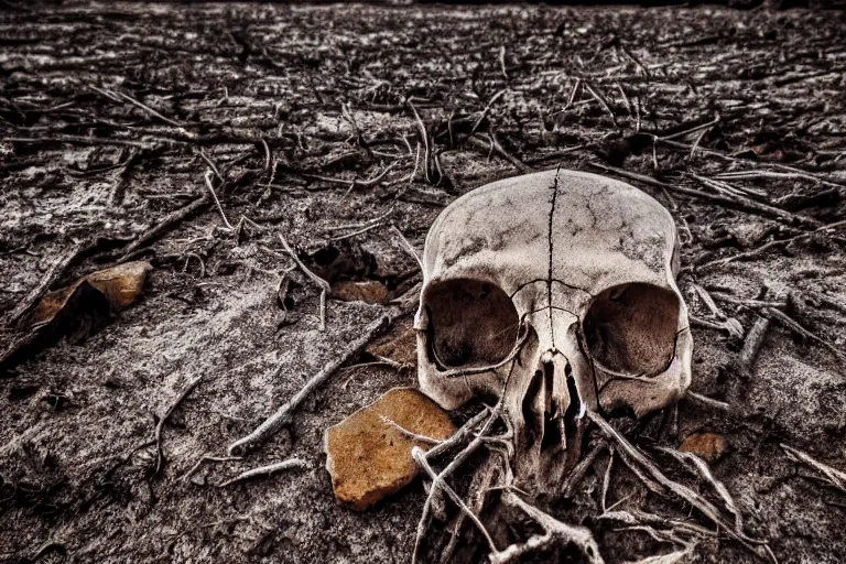 Image similar to Dry river bed with a rusty broken bridge, macro photo of an animal skull bleached by the sun, post apocalyptic, dystopian