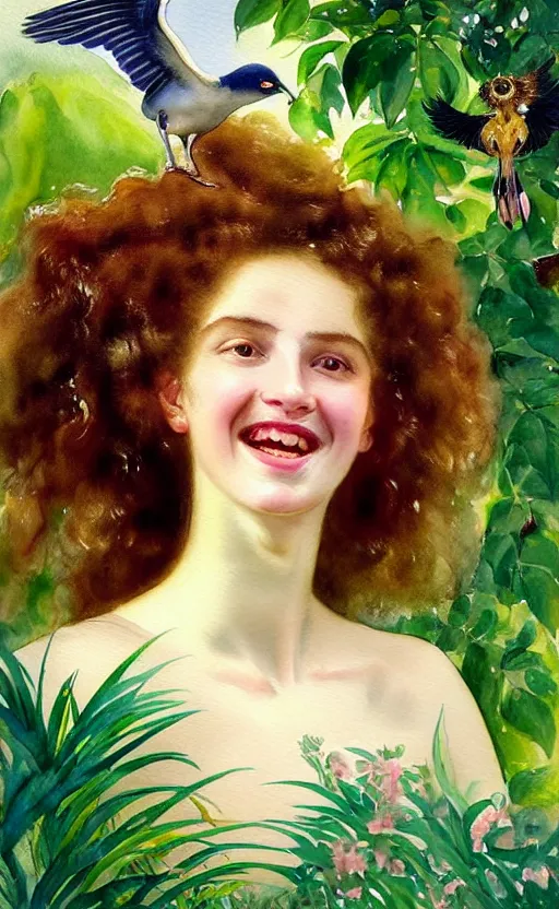 Image similar to 8 k uhd the face of a young woman with marble complexion, angelic features, her face framed with curls, her head raised in rapture, laughing, symmetrical eyes, watercolor by john singer sargent, background lush vegetation, insects and birds