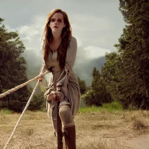 Image similar to emma watson, full body and face, head to toe showing in the photo, hands tied with a metal pole via rope, damsels in distress, 4 k, hyperrealistic