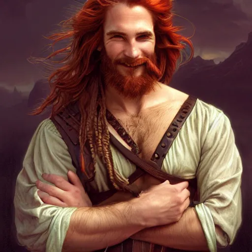 Image similar to portrait of a young ruggedly handsome but joyful pirate, male, masculine, upper body, red hair, long hair, d & d, fantasy, joyful smirk, intricate, elegant, highly detailed, digital painting, artstation, concept art, matte, sharp focus, illustration, crimson hair, art by artgerm and greg rutkowski and alphonse mucha