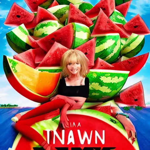 Image similar to a giant watermelon rampage town , movie poster