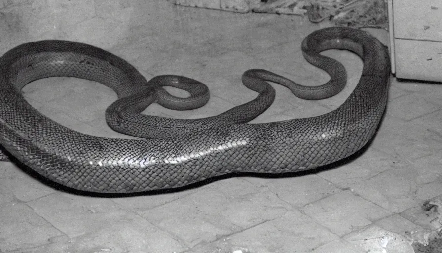 Prompt: a huge snake a man in a stalinist style kitchen, by mini dv camera, very very low quality, heavy grain, very blurry, accidental flash, webcam footage, found footage, security cam, caught on trail cam