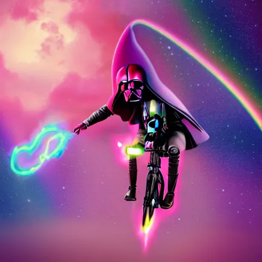 Image similar to beautiful matte painting, rainbow colored pink pink darth vader wearing pink wearing pink, riding a unicorn, riding a unicorn, riding a unicorn over a glittering rainbow in space by lisa frank and dan mumford, octane render, HDR, vivid color, volumetric lighting, unreal engine, concept art, CGsociety, trending on artstation