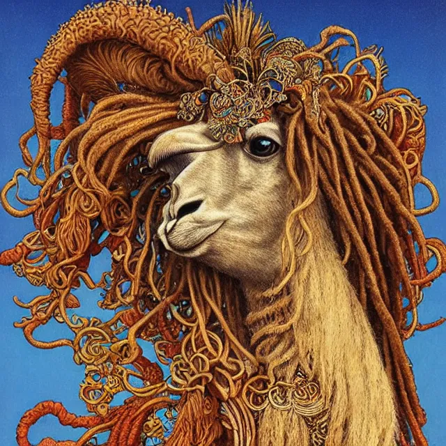 Image similar to llama with dreadlocks, detailed, by ernst haeckel, james jean, mandy jurgens, alphonse mucha, maxfield parrish