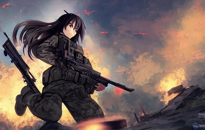 Image similar to soldier under heavy fire, squad, infantry girl, anime style, long hair, hair down, symmetrical facial features, explosions, wallpaper, from girls frontline, hyper realistic, pale skin, rule of thirds, extreme detail, 4 k, detailed drawing, trending artstation, hd, trading card, by alphonse mucha, greg rutkowski, sharp focus, backlit