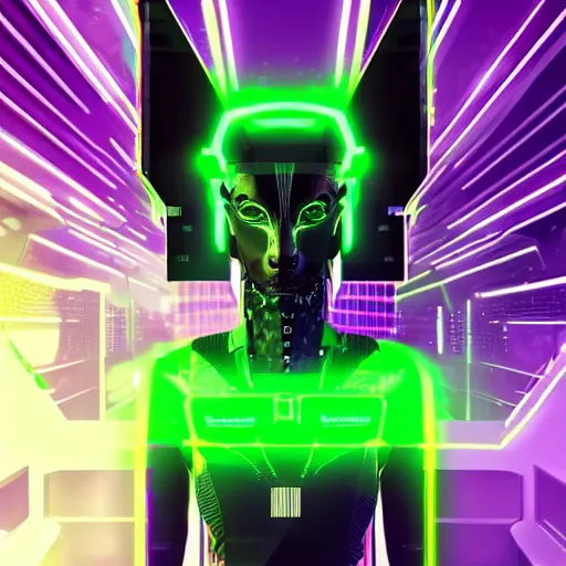 Prompt: a digital portrait of cyber anubis with robotic jackal head in style of green neon cyberpunk, cyber noir, retrowave, # scifi, rendered by unreal engine, glitch art