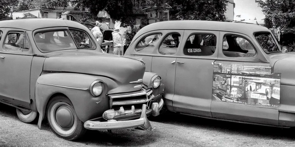 Prompt: a detailed photography of a typical american blue car built in the year 1 9 4 5