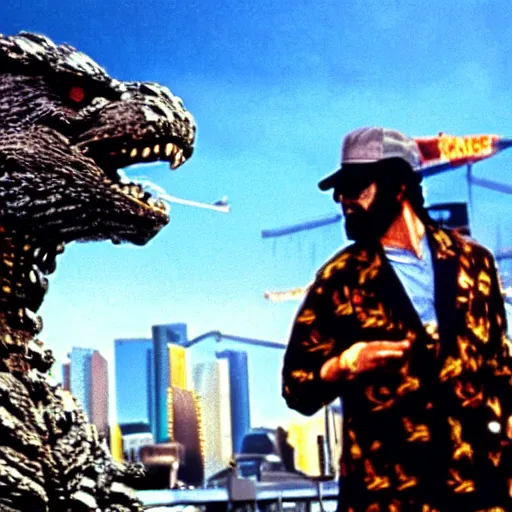 Prompt: a film still of Godzilla in Fear and Loathing in Las Vegas