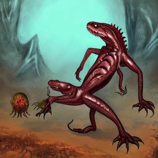 Image similar to big butcher anthropomorphic male lizardfolk posing scarily, scary angry pose, chasing you, bloody, covered in blood, fresh kill, cleaver, in a cave, earie setting, lovecraft eldritch horror, hyperdetailed, furaffinity, anthro art