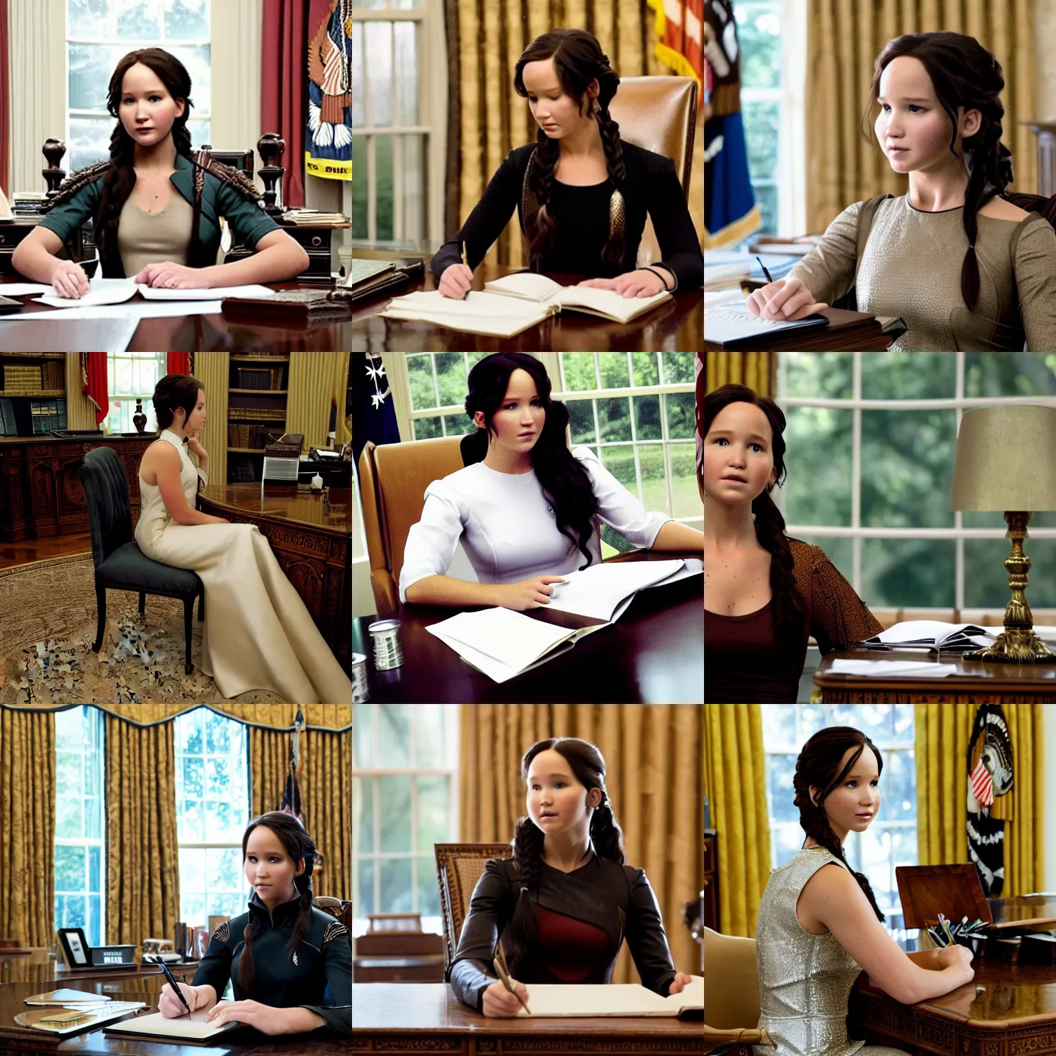 Prompt: katniss everdeen wearing a formal dress doing homework at her desk in the oval office