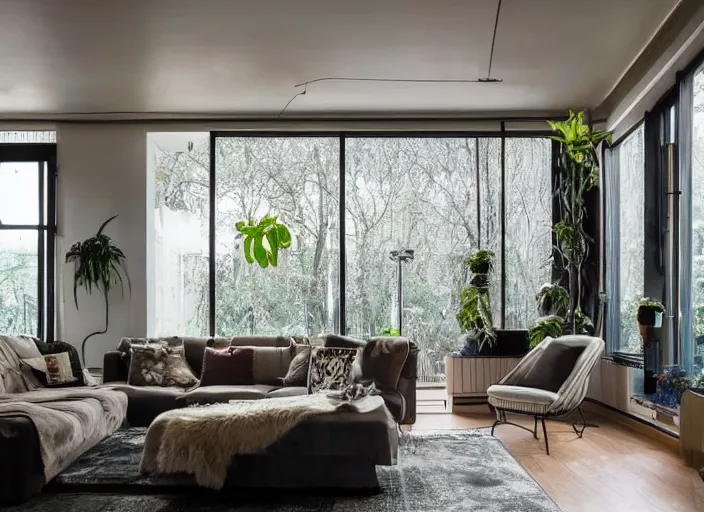 Prompt: interior design of a living room, inspired by brutalism, lots of plants, star - shaped windows