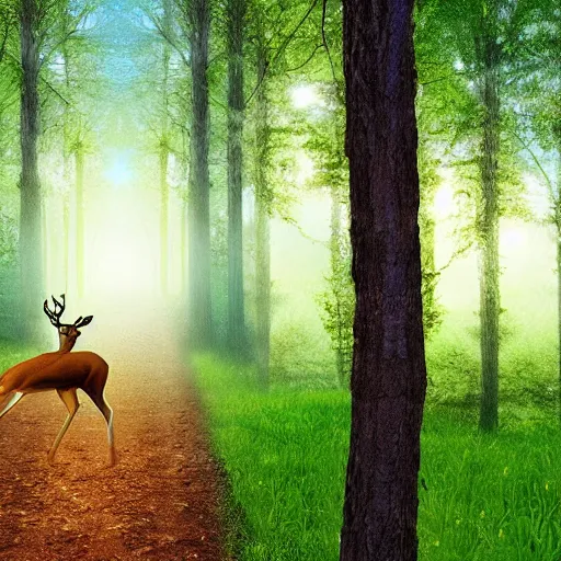 Prompt: epic professional digital art of a bright forest with a deer galloping towards you.