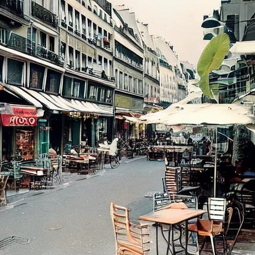 Prompt: une rue de paris vide avec des voitures garees, un restaurant avec une terrasse, des boutiques avec des neons, en debut de matinee ( ( ( ( ( en 2 0 0 0 ) ) ) ) )