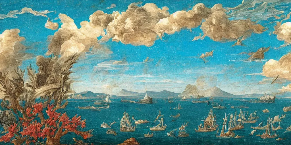 Prompt: rateo, ocean, tilt shift, gulf of Naples, Pompeian, naval battle, italian masterpiece, wind, sky in background, wind rose, Ashford Black Marble, sculpture, baroque, draped with red Hibiscus and vines and spines, marble and hint gold, stars, puffy clouds, suns, moons, drapes, dead fruits, Obsidian, pomegranade, armour, medieval globe, glass, portrait, mage, centaur, siren, lion, chariot, rabbit, snails, render, artstation, ultra detailed