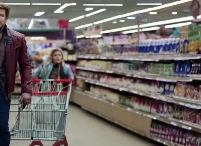 Prompt: film still of Star-Lord shopping in a supermarket in the new Guardians of the Galaxy movie, 4k