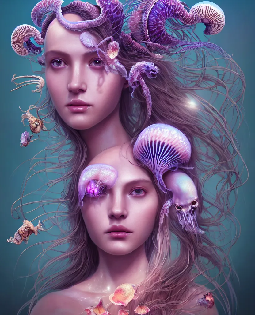 Image similar to goddess princess beautiful woman face close-up portrait ram skull. jellyfish phoenix head, nautilus, orchid, skull, betta fish, bioluminiscent creatures, intricate artwork by Tooth Wu and wlop and beeple. octane render, trending on artstation, greg rutkowski very coherent symmetrical artwork. cinematic, hyper realism, high detail, octane render, 8k