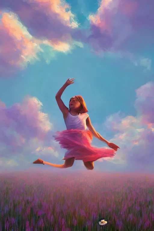 Image similar to giant white daisies flower head, girl dancing in a flower field, surreal photography, sunrise, dramatic light, impressionist painting, colorful clouds, digital painting, artstation, simon stalenhag